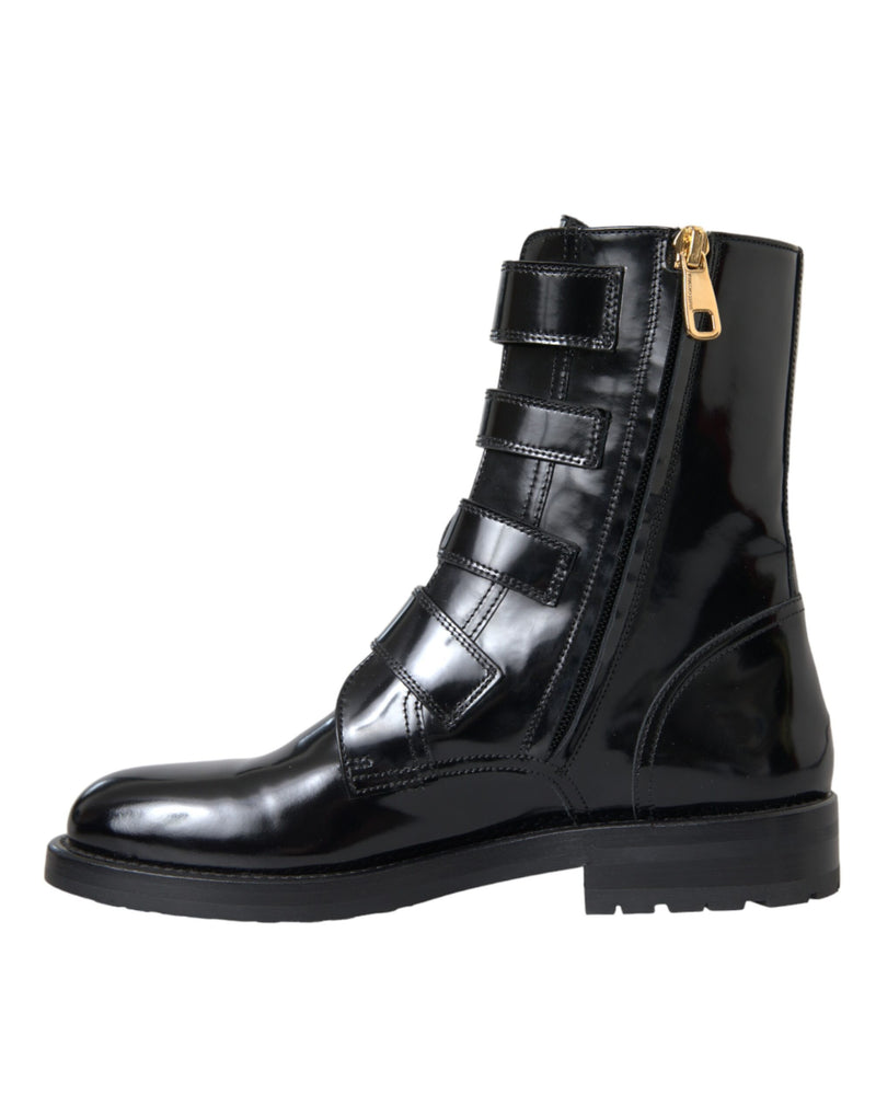 Dolce & Gabbana Bottes en Cuir Noir avec Boucles en Cristal