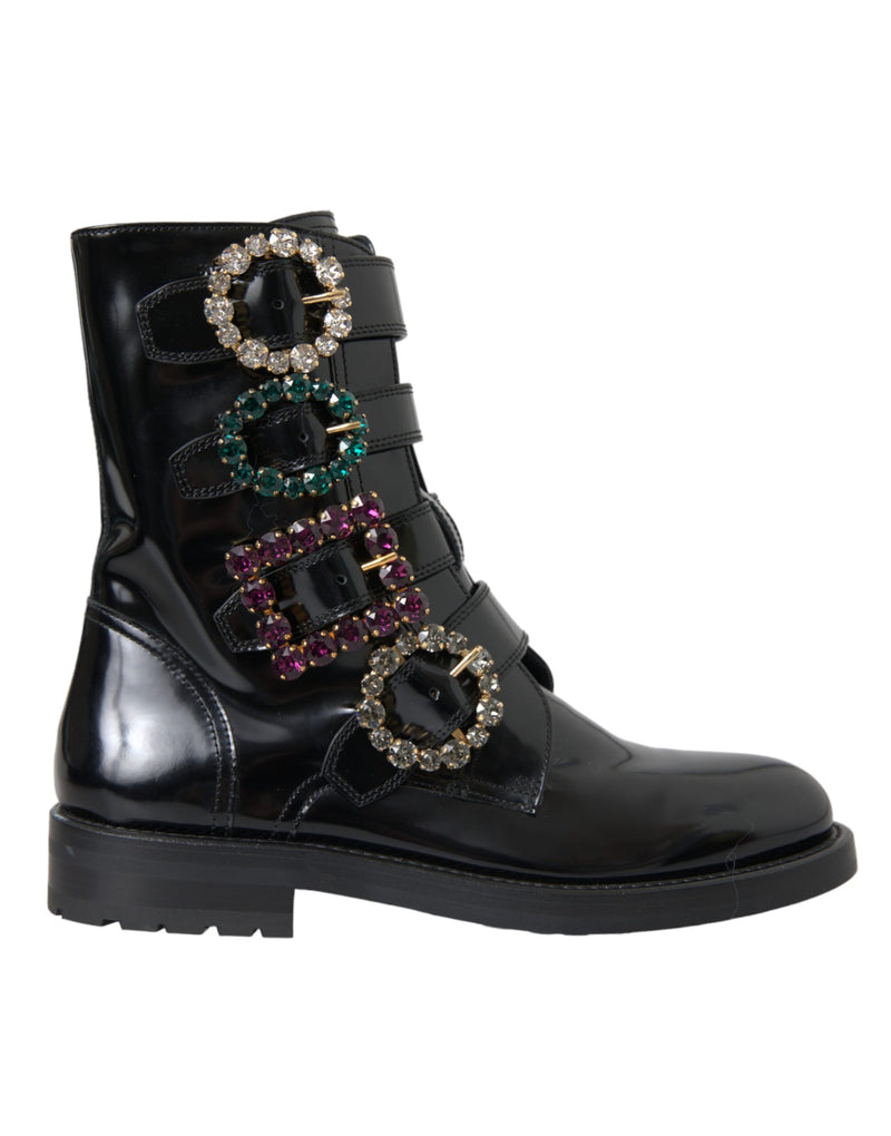 Dolce & Gabbana Bottes en Cuir Noir avec Boucles en Cristal