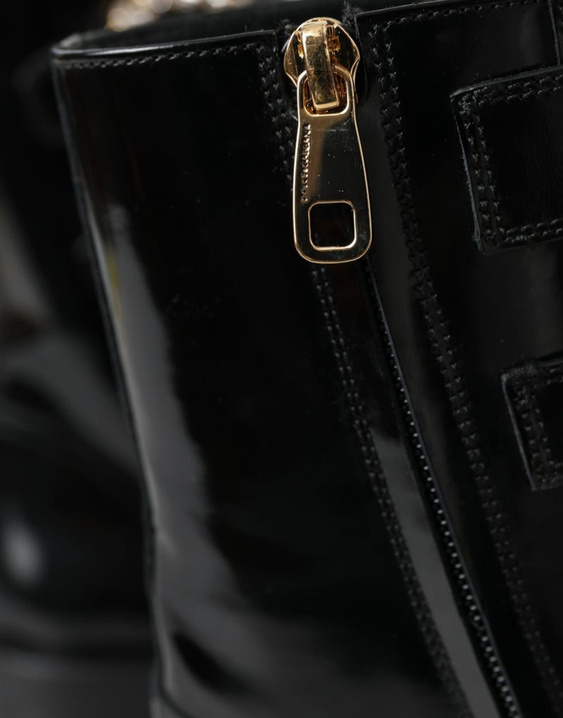 Dolce & Gabbana Bottes en Cuir Noir avec Boucles en Cristal