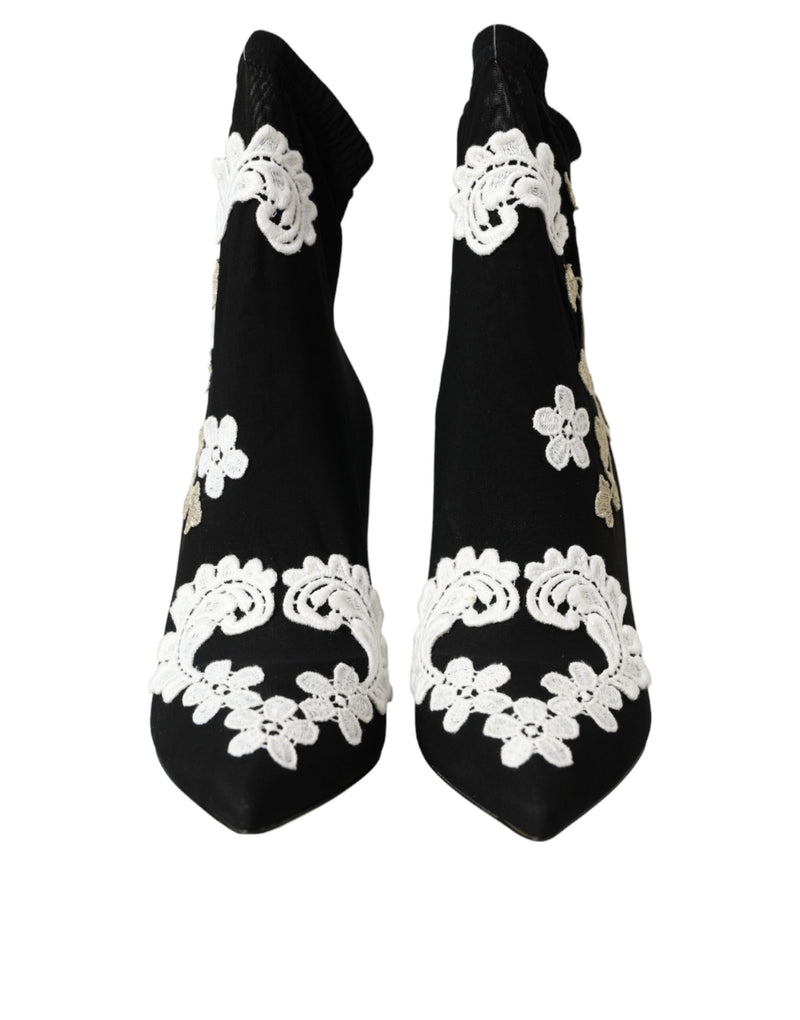 Dolce & Gabbana Black and White Embroidery Slip-On Boots