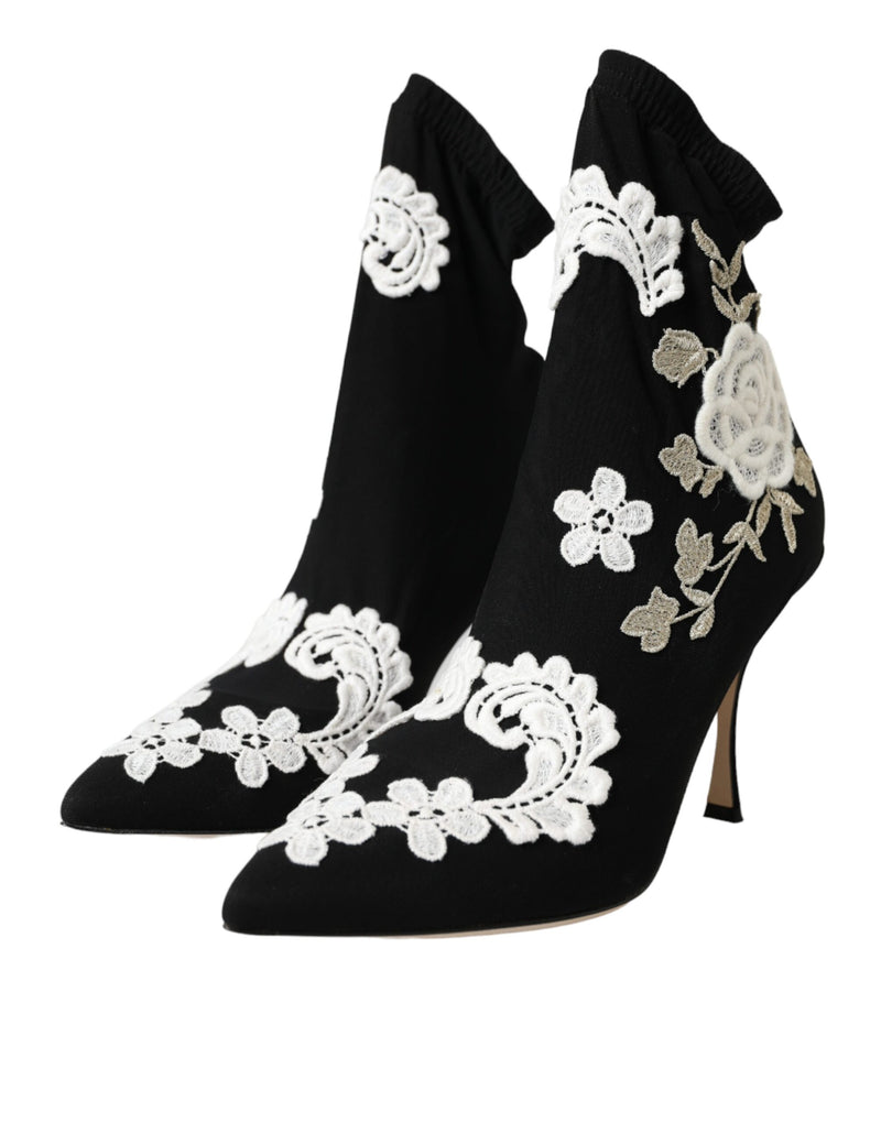 Dolce & Gabbana Black and White Embroidery Slip-On Boots