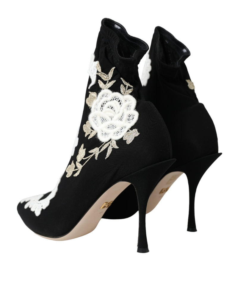 Dolce & Gabbana Black and White Embroidery Slip-On Boots