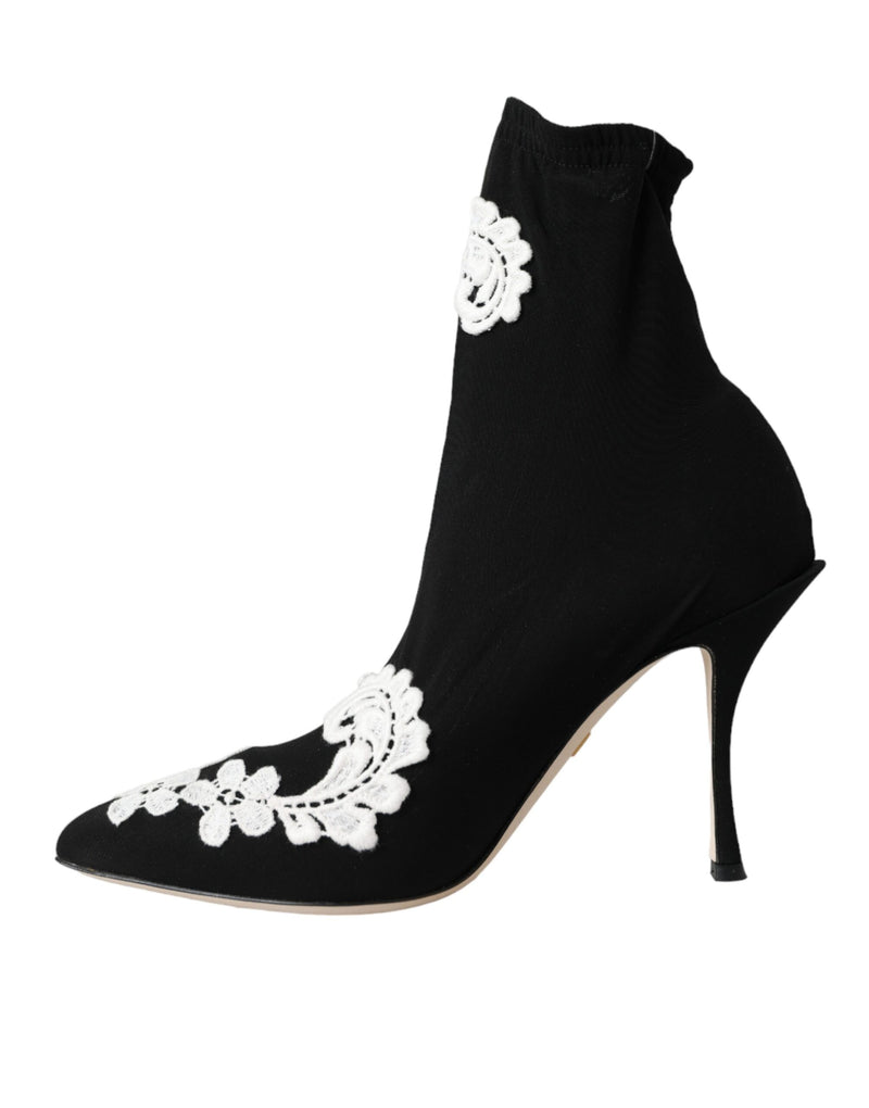 Dolce & Gabbana Black and White Embroidery Slip-On Boots
