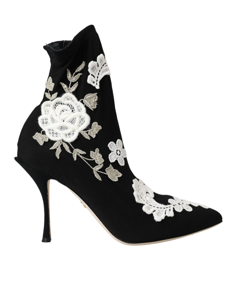 Dolce & Gabbana Black and White Embroidery Slip-On Boots
