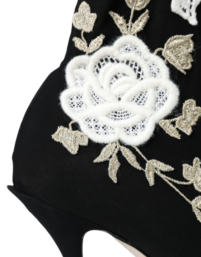Dolce & Gabbana Black and White Embroidery Slip-On Boots