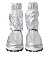 Dolce & Gabbana Metallic Silver Quilted Logo Patch Mid Calf Boots