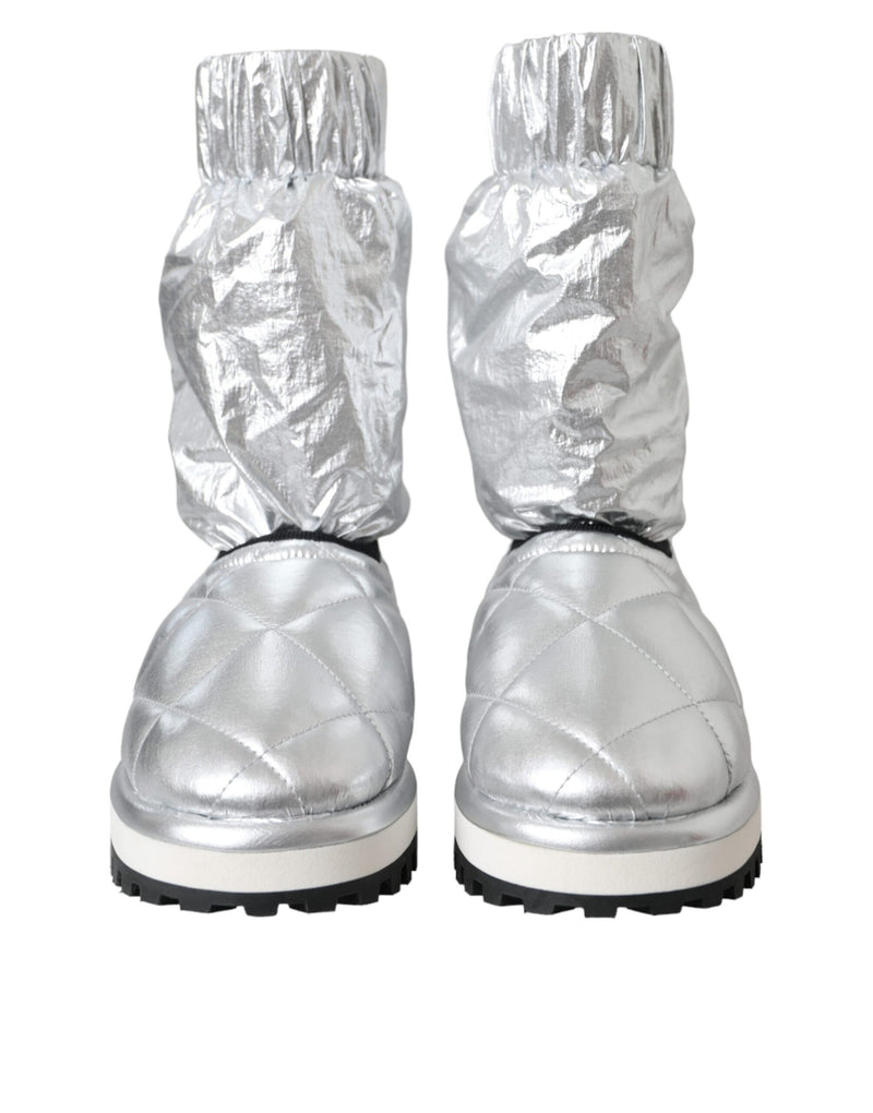 Dolce & Gabbana Metallic Silver Quilted Logo Patch Mid Calf Boots