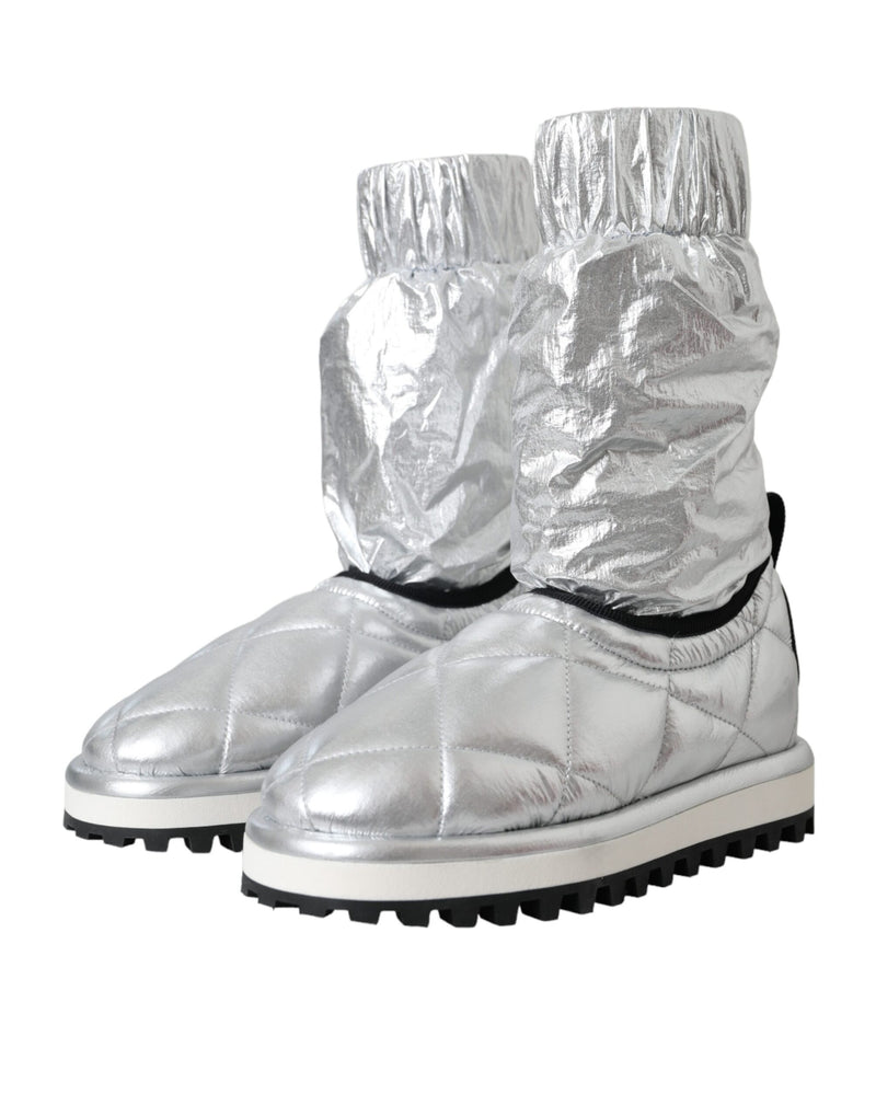 Dolce & Gabbana Metallic Silver Quilted Logo Patch Mid Calf Boots
