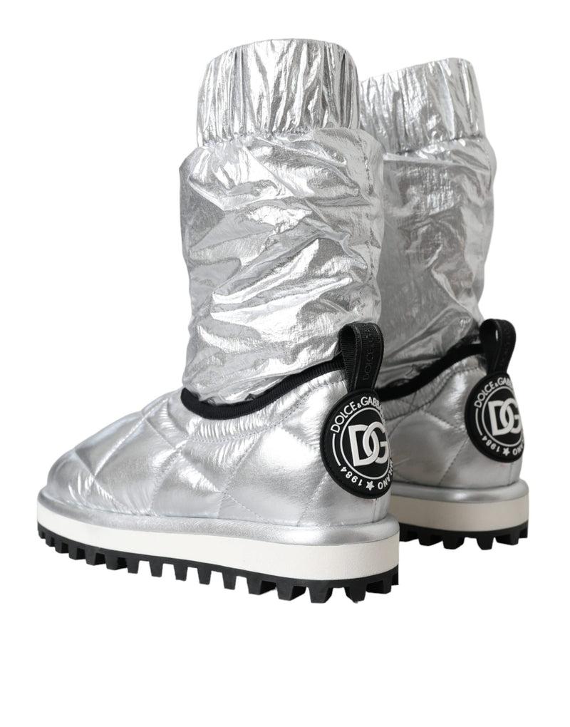 Dolce & Gabbana Metallic Silver Quilted Logo Patch Mid Calf Boots