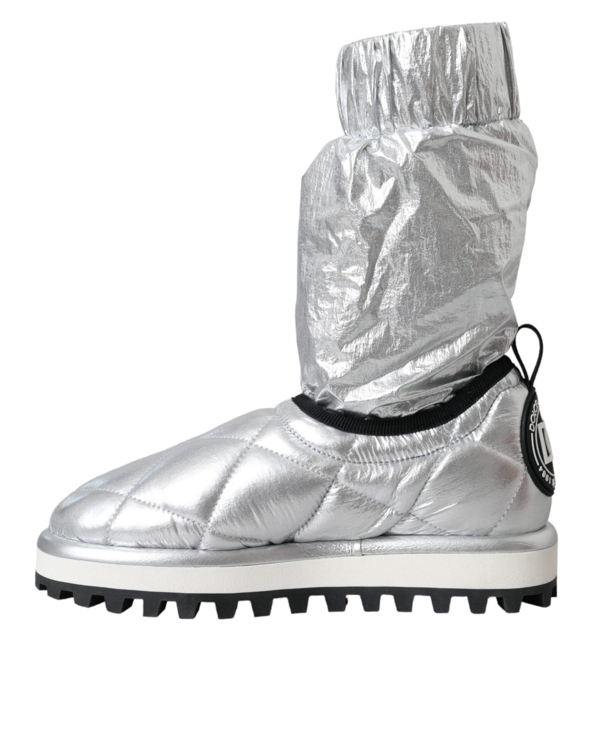 Dolce & Gabbana Metallic Silver Quilted Logo Patch Mid Calf Boots