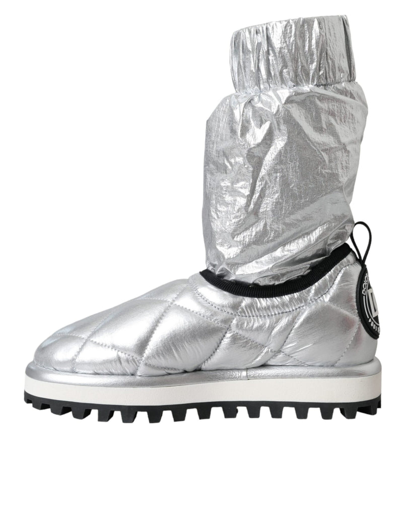 Dolce & Gabbana Metallic Silver Quilted Logo Patch Mid Calf Boots