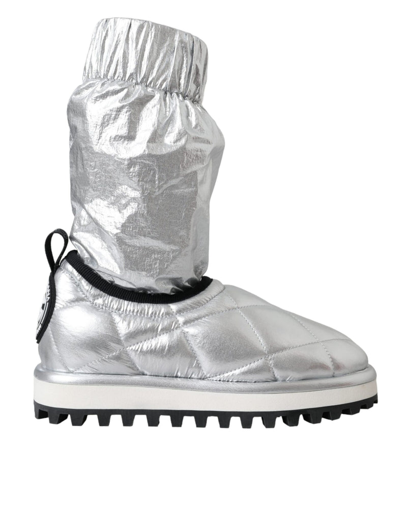 Dolce & Gabbana Metallic Silver Quilted Logo Patch Mid Calf Boots