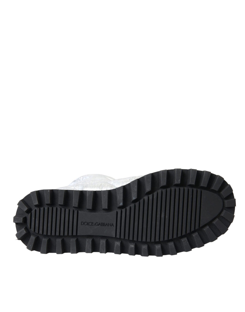 Dolce & Gabbana Metallic Silver Quilted Logo Patch Mid Calf Boots