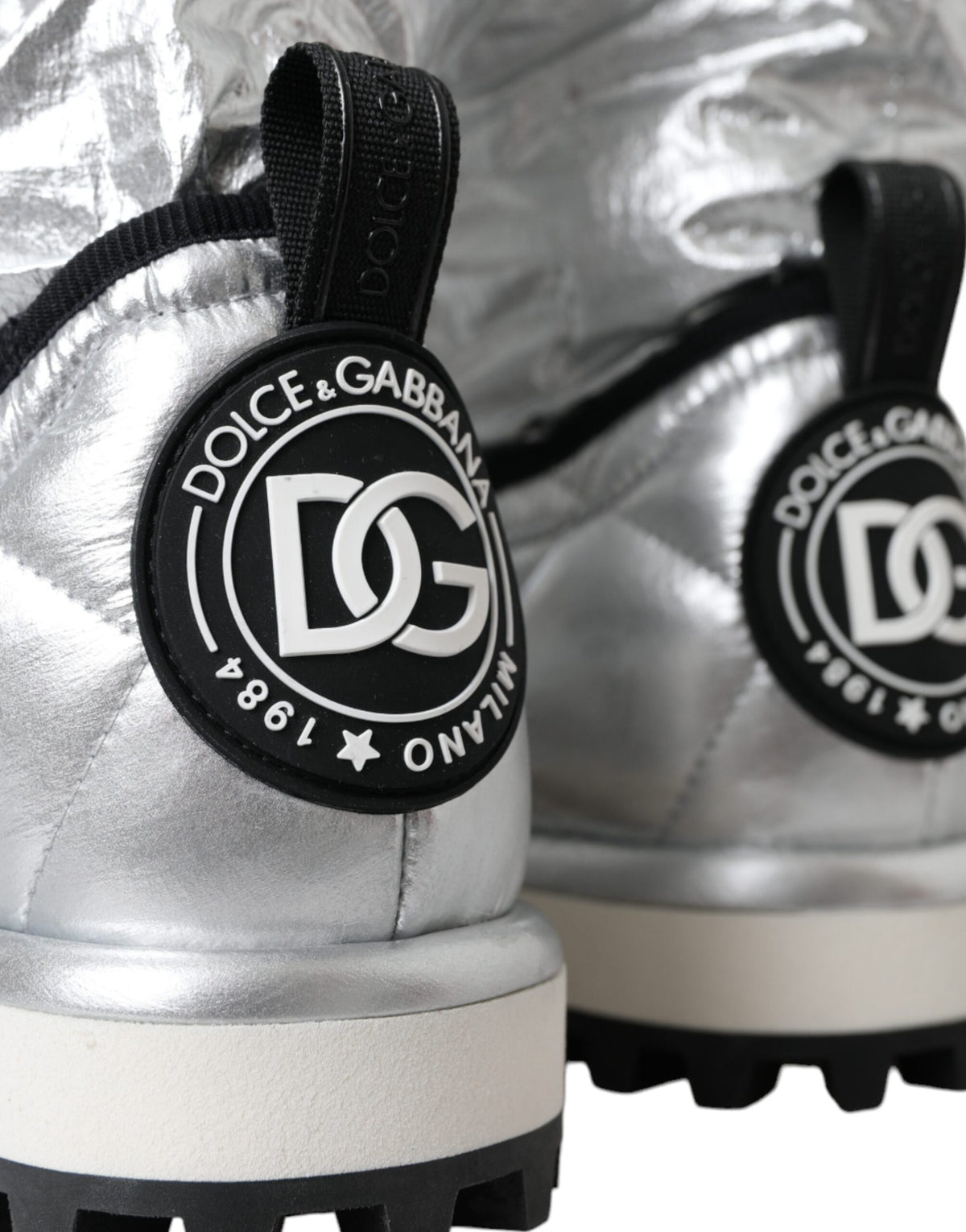 Dolce & Gabbana Metallic Silver Quilted Logo Patch Mid Calf Boots