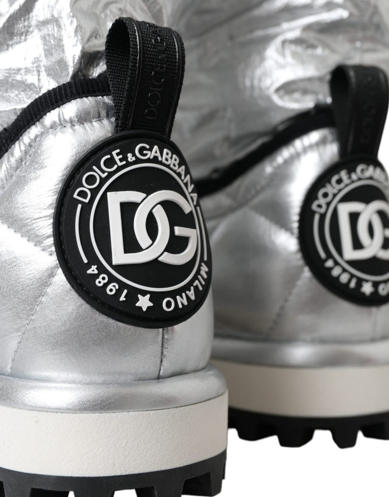 Dolce & Gabbana Metallic Silver Quilted Logo Patch Mid Calf Boots