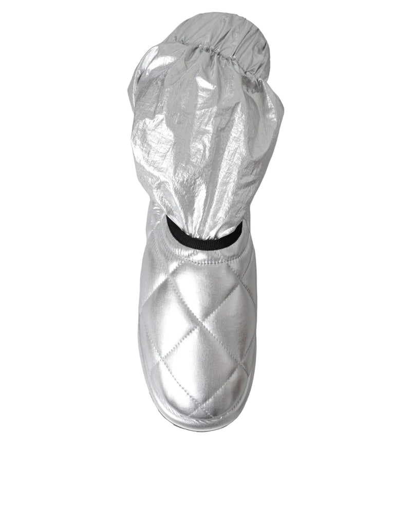 Dolce & Gabbana Metallic Silver Quilted Logo Patch Mid Calf Boots