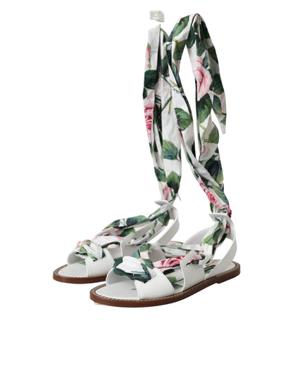 Sandales compensées à envelopper autour de la cheville, imprimé floral multicolore, Dolce & Gabbana.