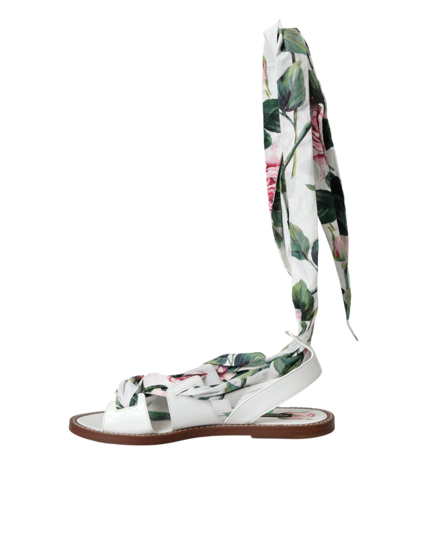 Sandales compensées à envelopper autour de la cheville, imprimé floral multicolore, Dolce & Gabbana.