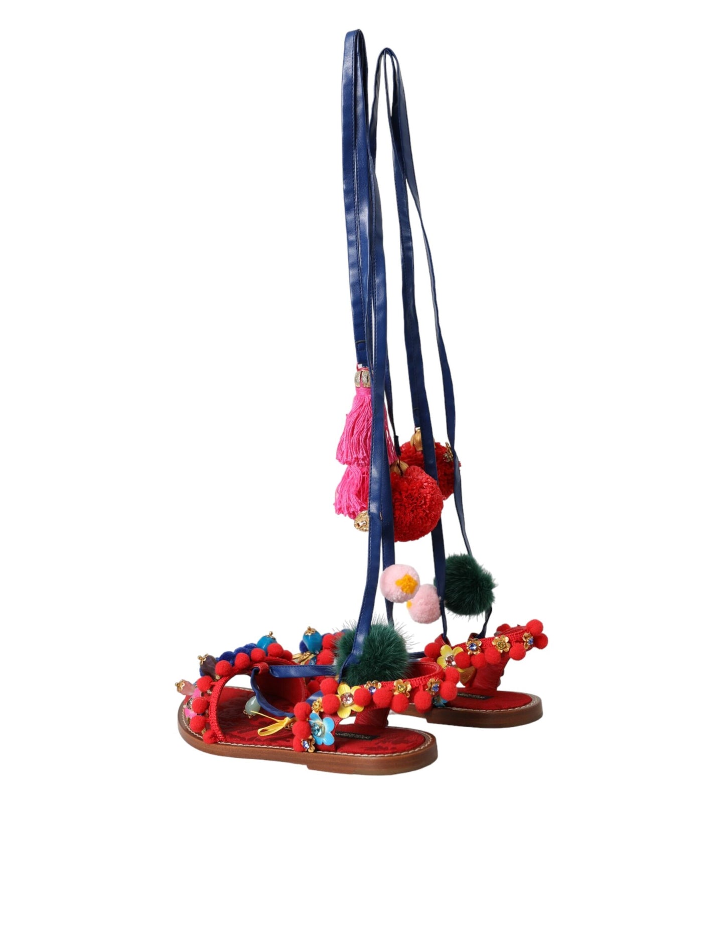 Dolce & Gabbana Multicolour Pom Pom Fur Wrap Sandalen