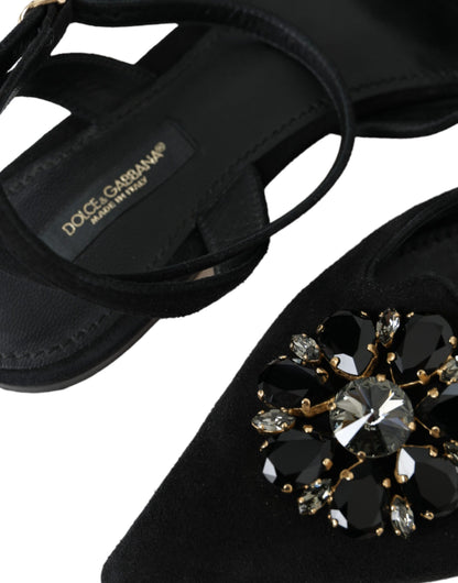 Dolce & Gabbana Zwarte Lederen Crystal Slingback Sandalen