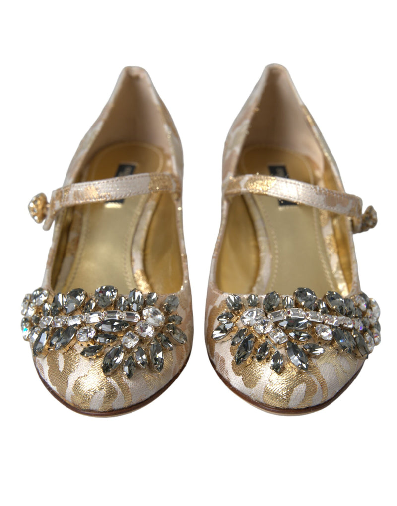 Dolce & Gabbana Gold Jacquard Crystal Mary Janes Pumps