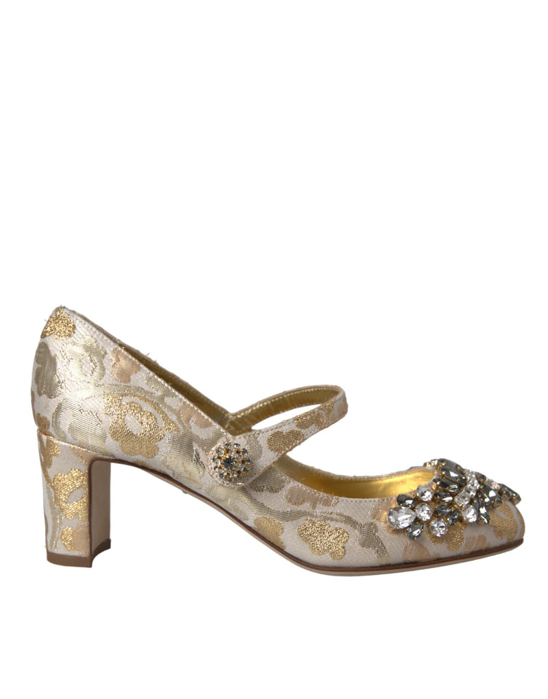 Dolce & Gabbana Gold Jacquard Crystal Mary Janes Pumps