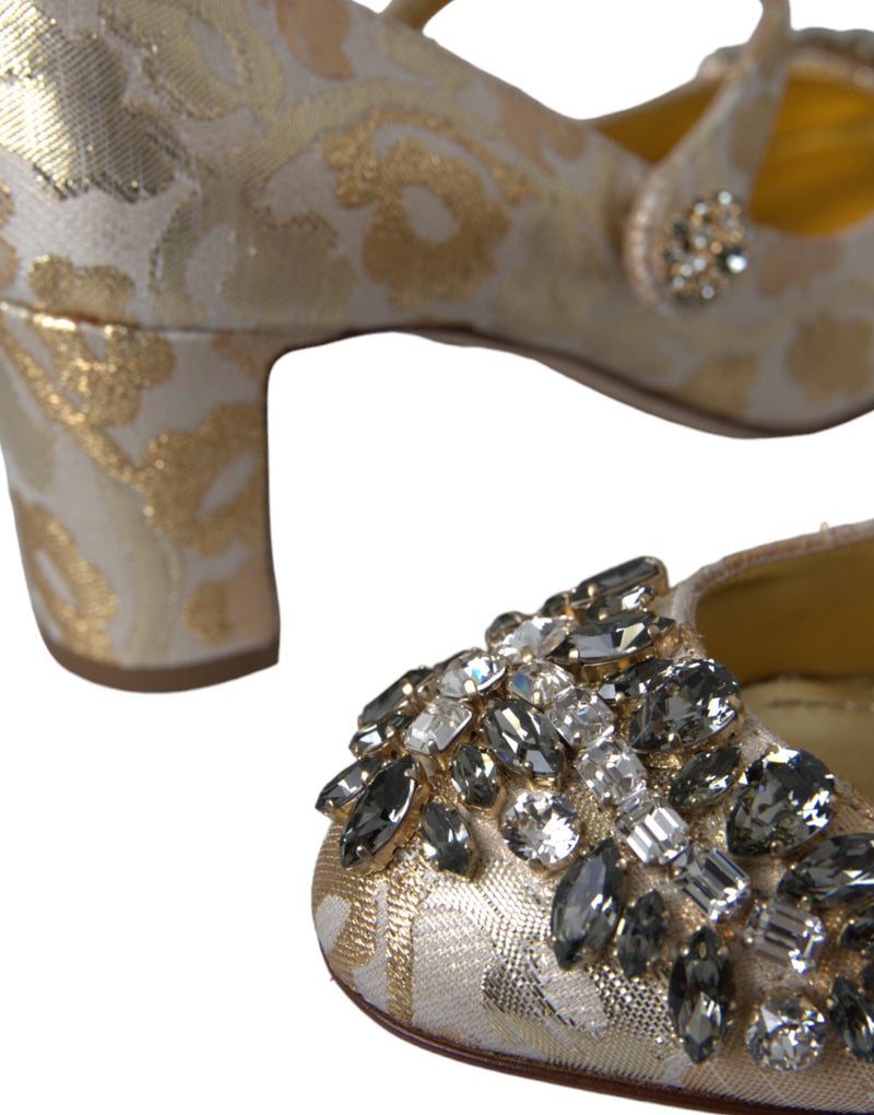 Dolce & Gabbana Gold Jacquard Crystal Mary Janes Pumps