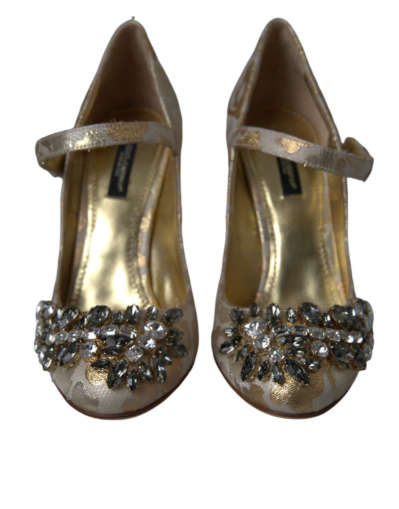 Dolce & Gabbana Gold Jacquard Crystal Mary Janes Pumps