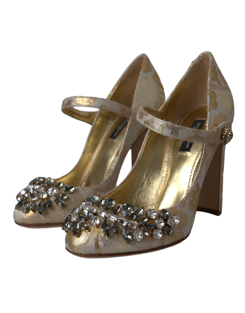 Dolce & Gabbana Gold Jacquard Crystal Mary Janes Pumps