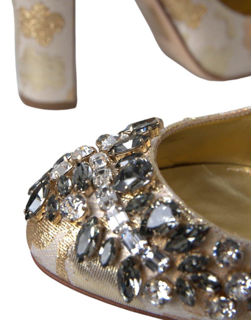 Dolce & Gabbana Gold Jacquard Crystal Mary Janes Pumps