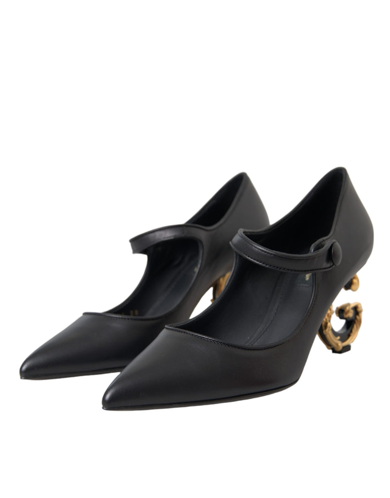 Dolce & Gabbana Black Leather Logo Heels Mary Jane Pumps