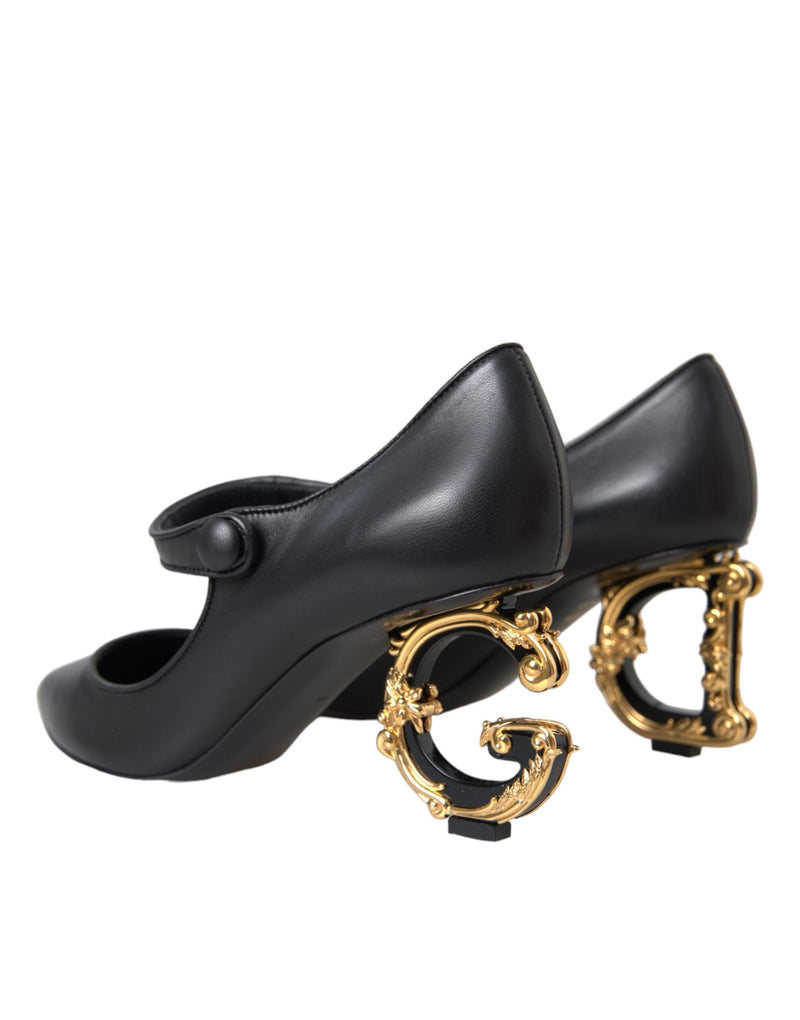 Dolce & Gabbana Black Leather Logo Heels Mary Jane Pumps