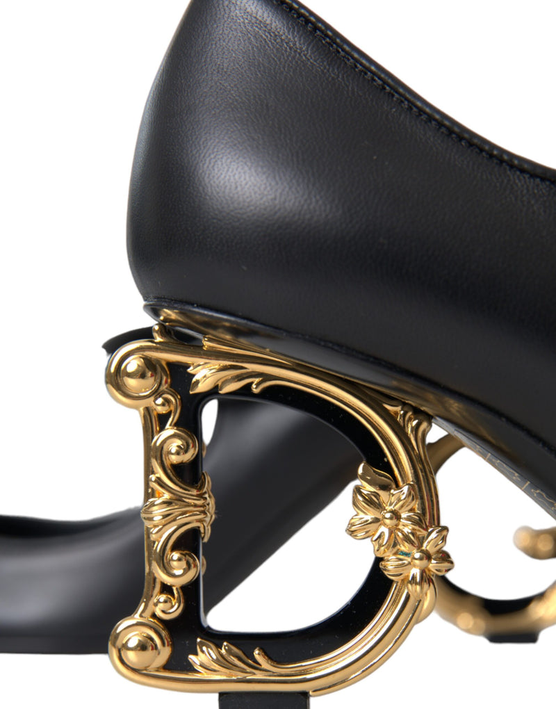 Dolce & Gabbana Black Leather Logo Heels Mary Jane Pumps