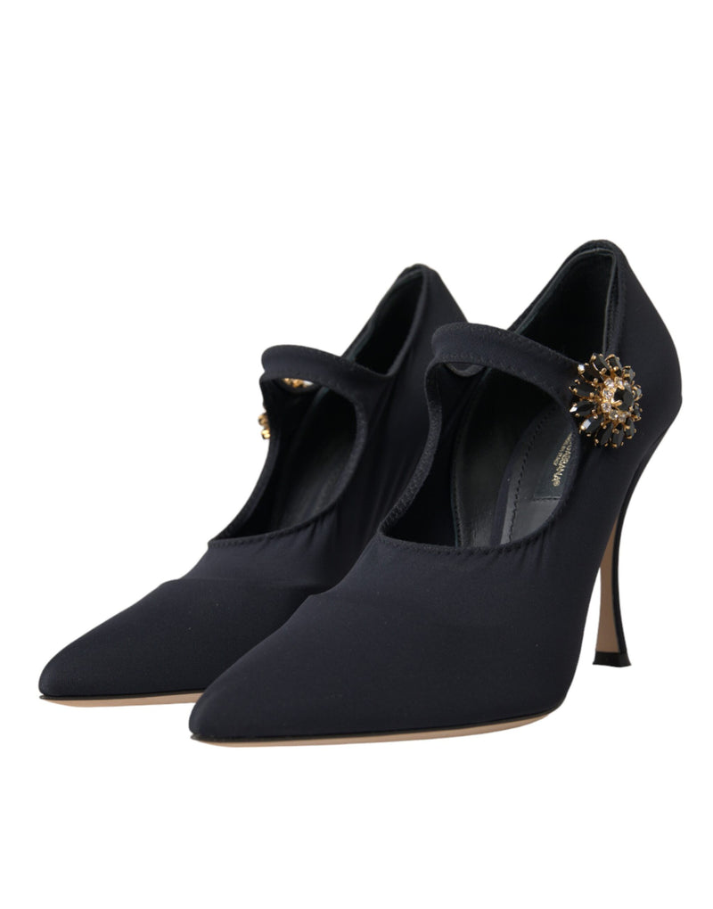 Dolce & Gabbana Black Mary Jane Jersey Crystal Pumps