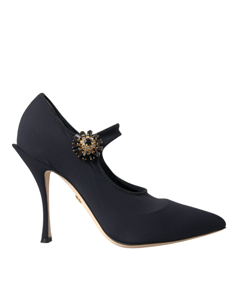 Dolce & Gabbana Black Mary Jane Jersey Crystal Pumps