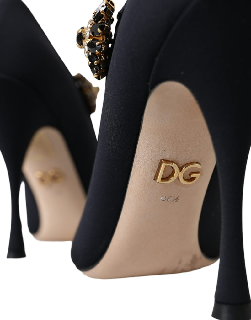 Dolce & Gabbana Black Mary Jane Jersey Crystal Pumps
