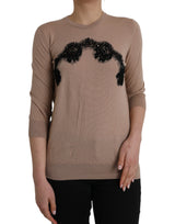 Dolce & Gabbana Blouse en Laine Marron et Dentelle Noire à Manches 3/4