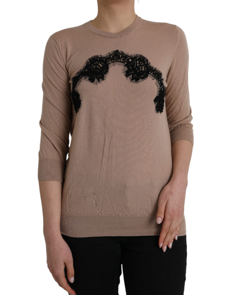Dolce & Gabbana Brown Wool and Black Lace 3/4 Sleeve Blouse