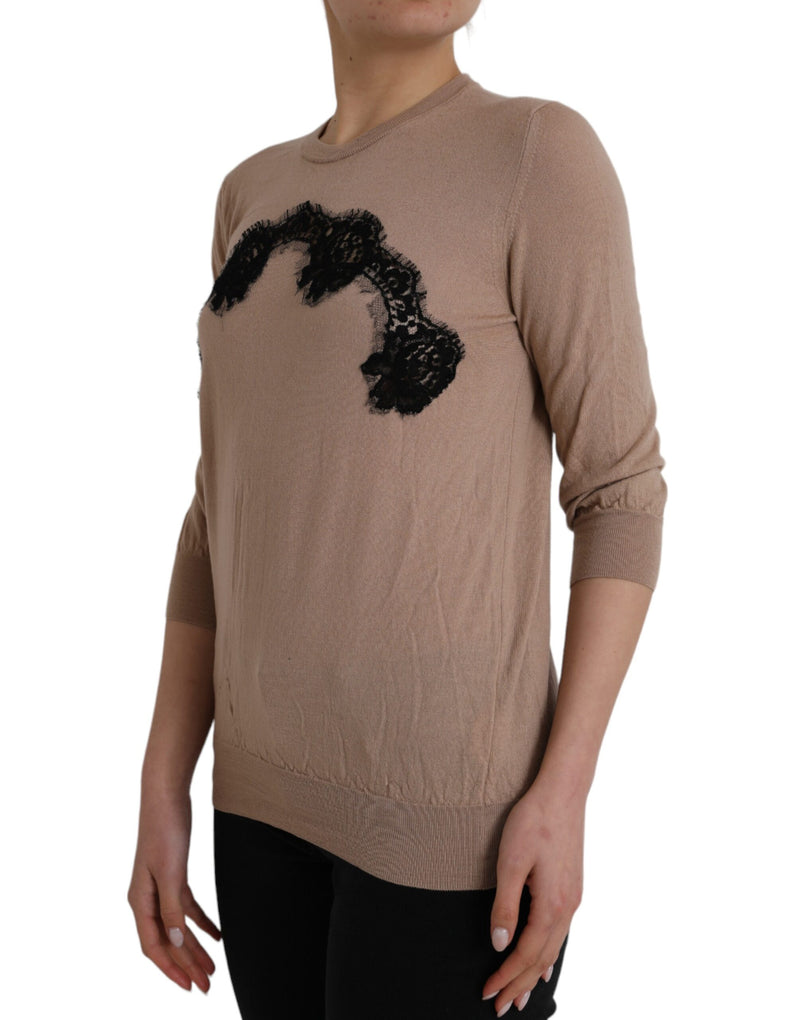 Dolce & Gabbana Brown Wool and Black Lace 3/4 Sleeve Blouse