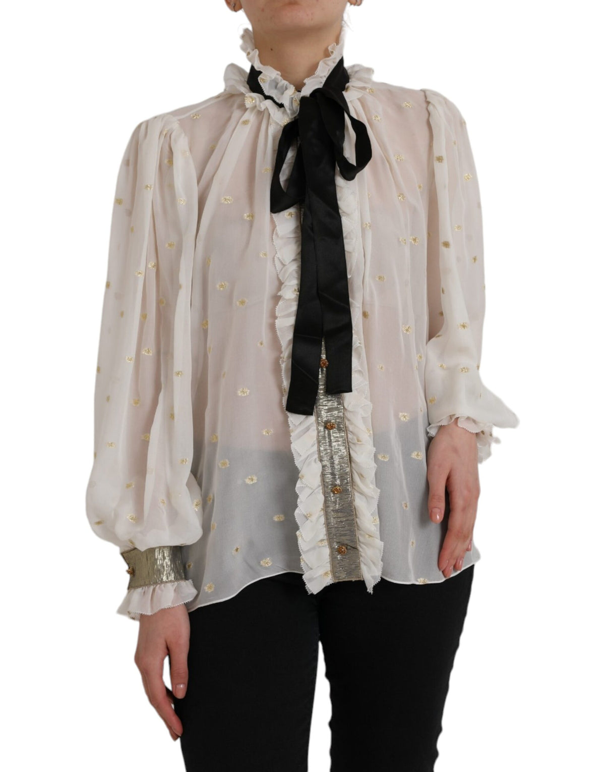 Dolce & Gabbana Blouse Top en Soie Off White avec Col Ascot