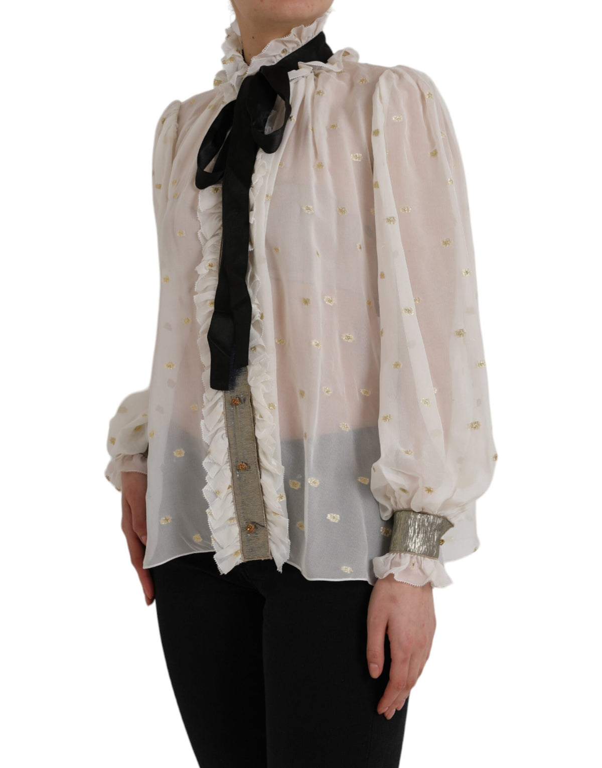 Dolce & Gabbana Blouse Top en Soie Off White avec Col Ascot