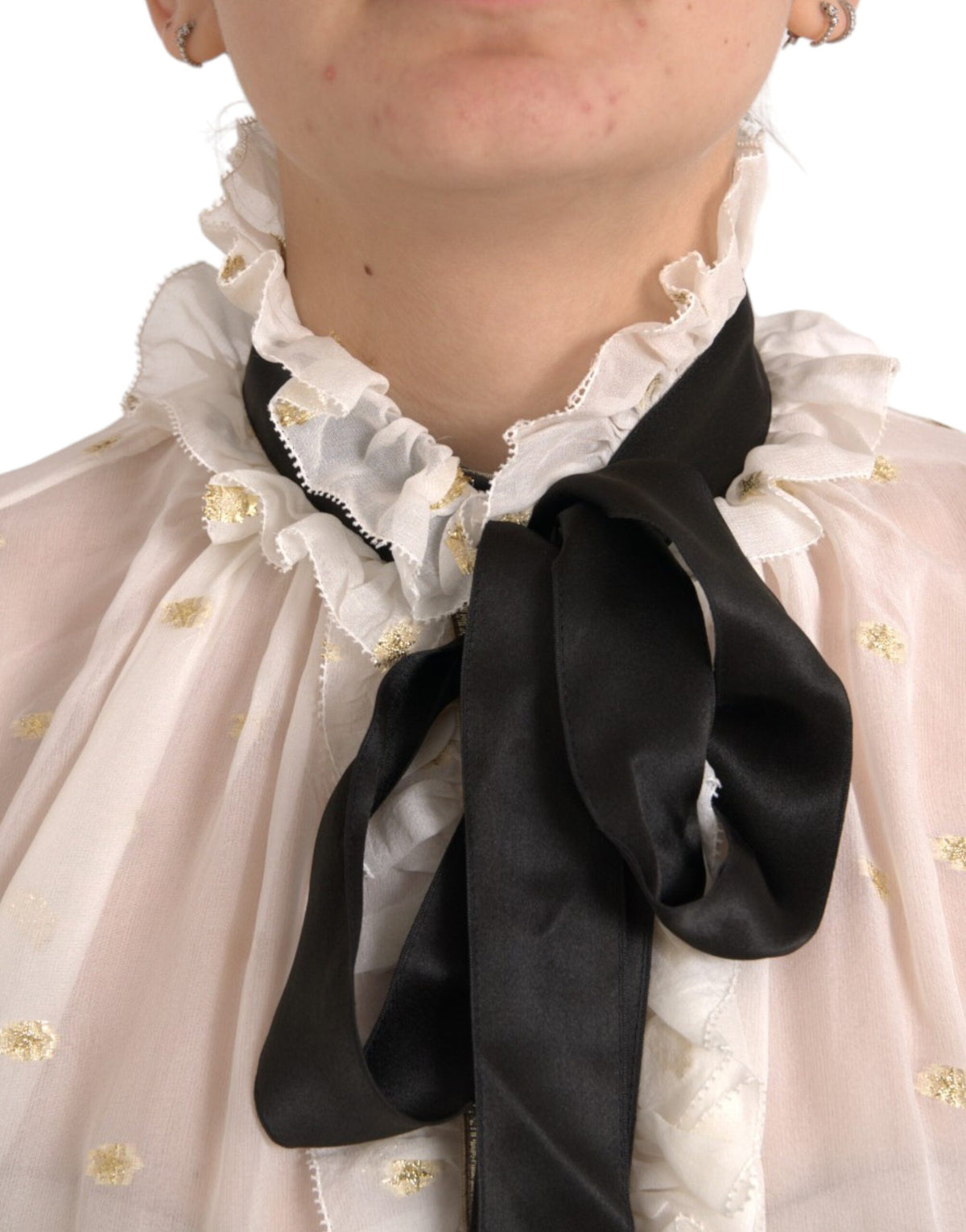 Dolce & Gabbana Blouse Top en Soie Off White avec Col Ascot