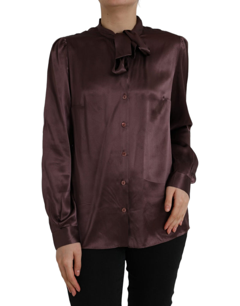 Dolce & Gabbana Brown Ascot Collar Long Sleeve Silk Blouse