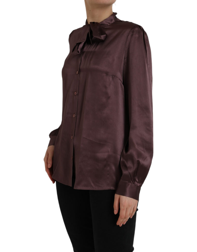 Dolce & Gabbana Brown Ascot Collar Long Sleeve Silk Blouse