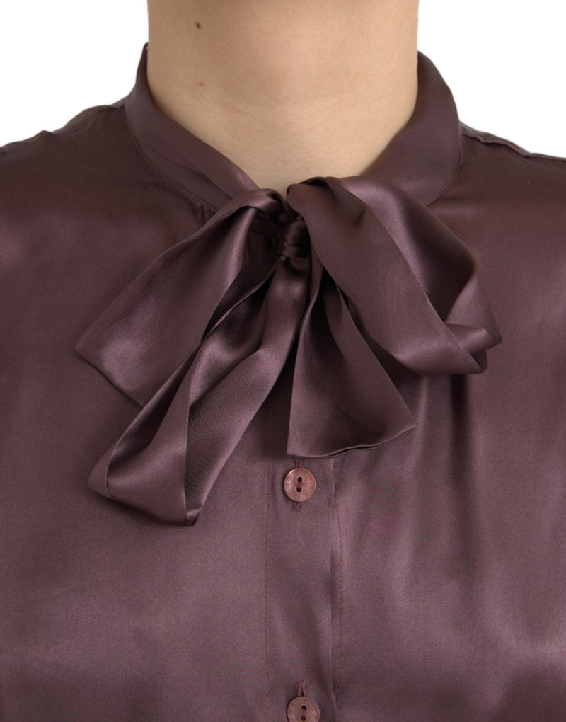Dolce & Gabbana Brown Ascot Collar Long Sleeve Silk Blouse