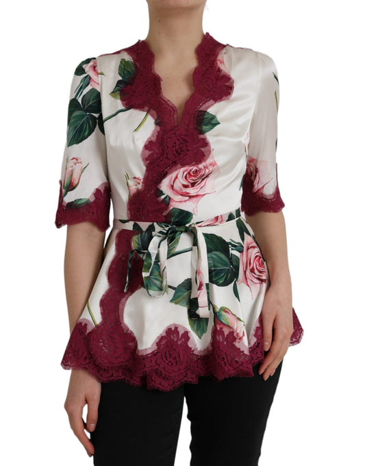 Dolce & Gabbana Top en Soie Blanche à Manches Courtes en Dentelle Florale