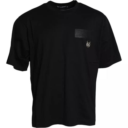 Dolce & Gabbana wit T-shirt met zwart logo-patch en ronde hals, gemaakt van katoen.