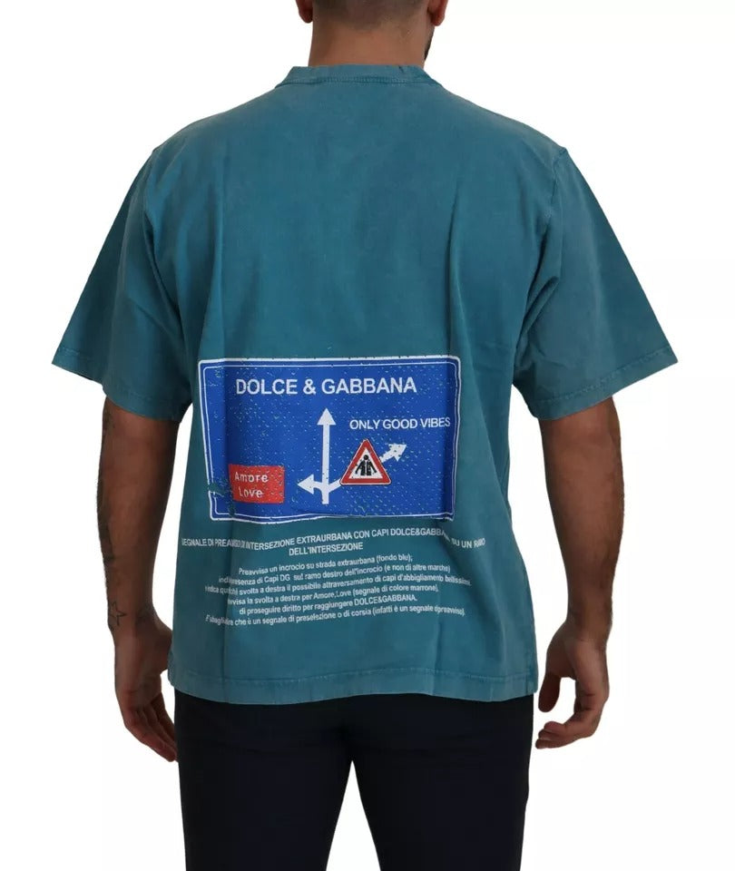 T-shirt en coton à col rond avec imprimé du logo bleu de Dolce &amp; Gabbana