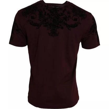 T-shirt homme Dolce &amp; Gabbana à col rond, motif floral et couronne DG, couleur bordeaux.