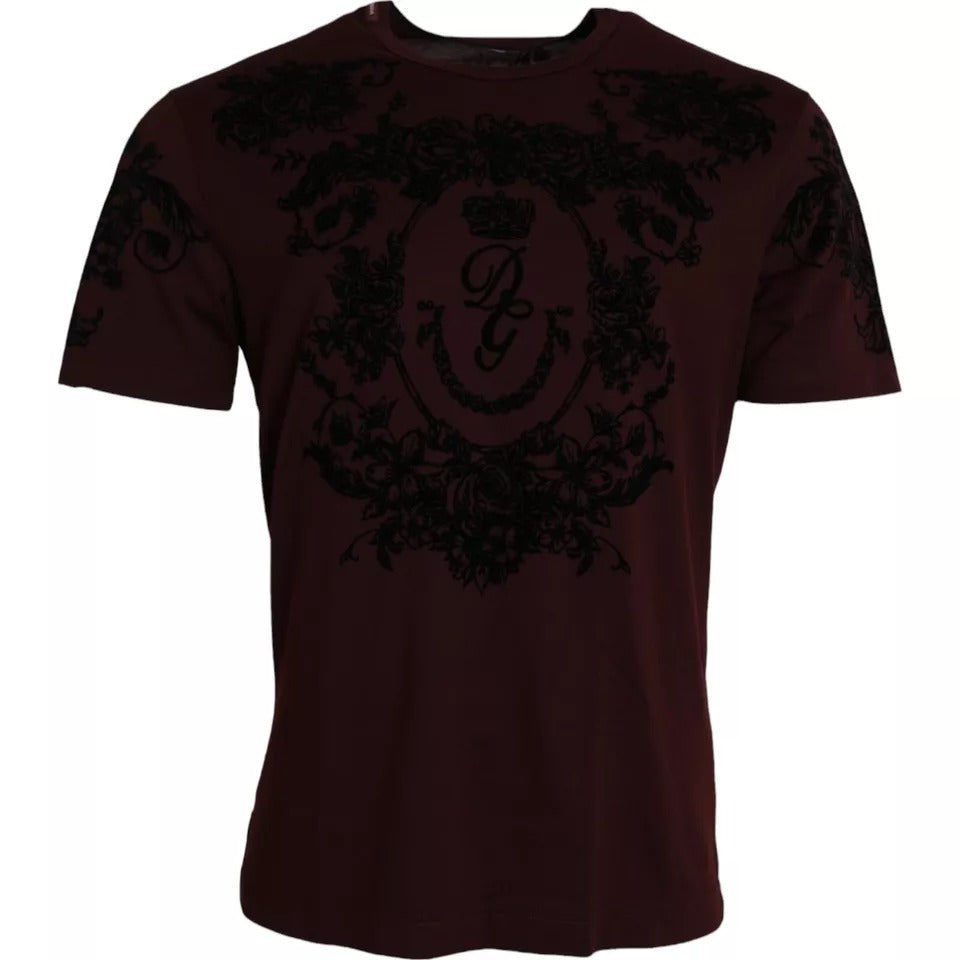 T-shirt homme Dolce &amp; Gabbana à col rond, motif floral et couronne DG, couleur bordeaux.